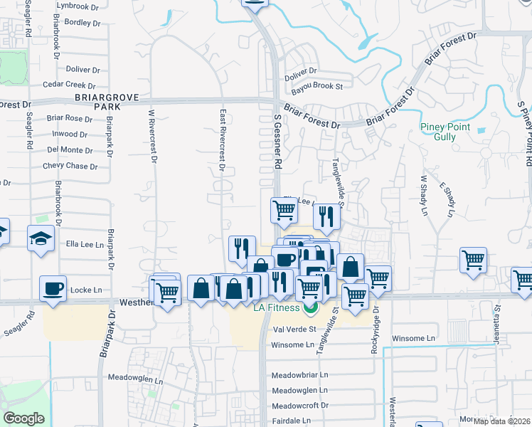 map of restaurants, bars, coffee shops, grocery stores, and more near 2200 South Gessner Road in Houston