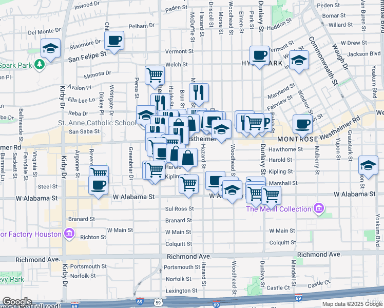 map of restaurants, bars, coffee shops, grocery stores, and more near 1912 Hawthorne Street in Houston