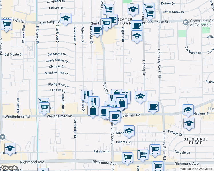 map of restaurants, bars, coffee shops, grocery stores, and more near in Houston