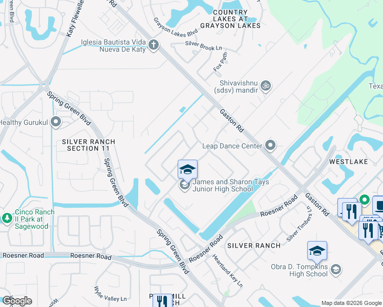 map of restaurants, bars, coffee shops, grocery stores, and more near 26603 Grey Peregrine Drive in Katy