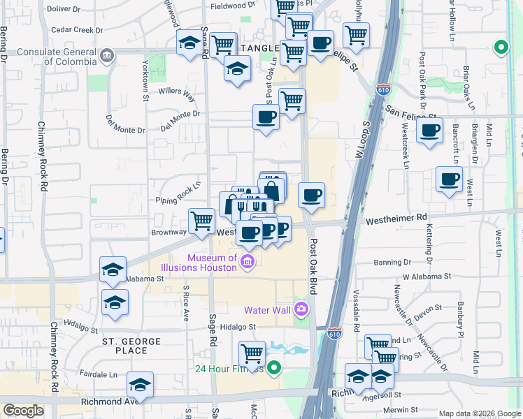 map of restaurants, bars, coffee shops, grocery stores, and more near 2500 McCue Road in Houston