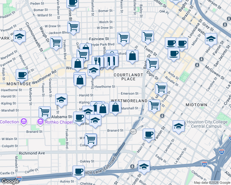 map of restaurants, bars, coffee shops, grocery stores, and more near 3414 Garrott Street in Houston