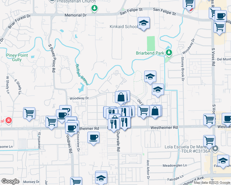 map of restaurants, bars, coffee shops, grocery stores, and more near 8580 Woodway Drive in Houston
