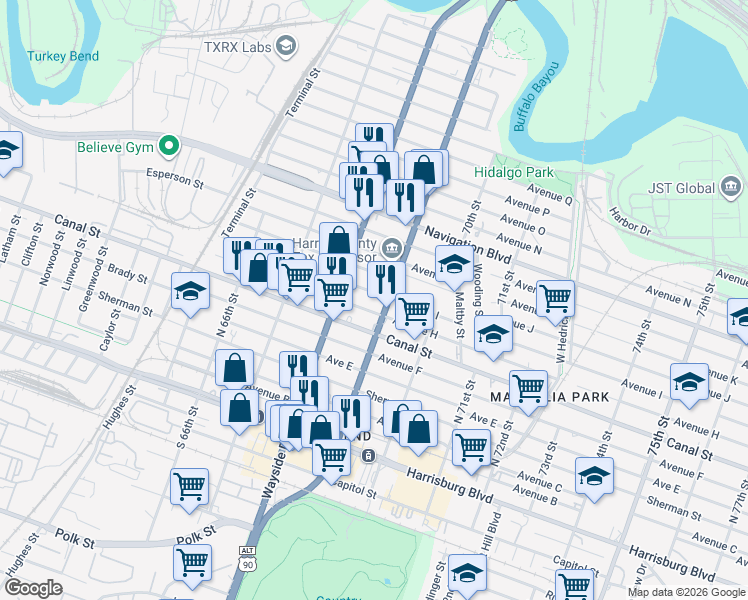 map of restaurants, bars, coffee shops, grocery stores, and more near 6837 Avenue I in Houston