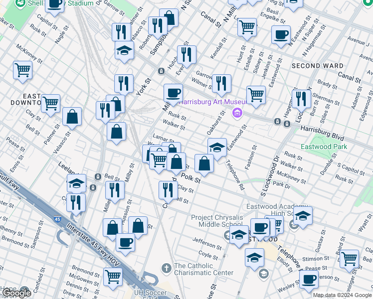 map of restaurants, bars, coffee shops, grocery stores, and more near 4016 Lamar Street in Houston