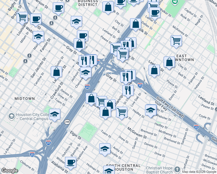 map of restaurants, bars, coffee shops, grocery stores, and more near 2104 Webster Street in Houston