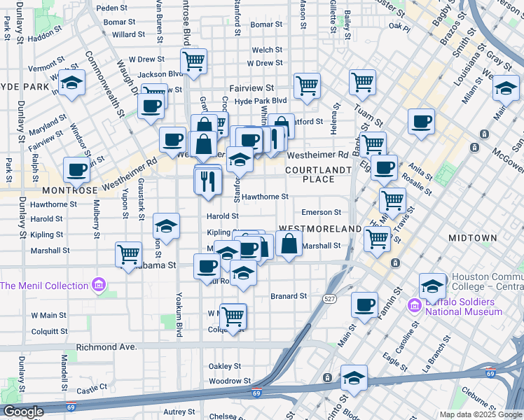 map of restaurants, bars, coffee shops, grocery stores, and more near 637 Hawthorne Street in Houston