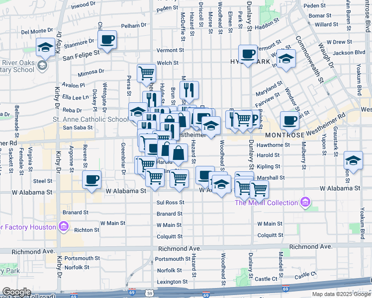 map of restaurants, bars, coffee shops, grocery stores, and more near 1912 Hawthorne Street in Houston