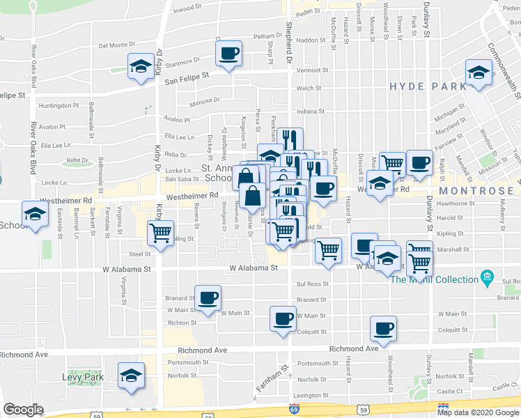 map of restaurants, bars, coffee shops, grocery stores, and more near 2119 Westheimer Road in Houston