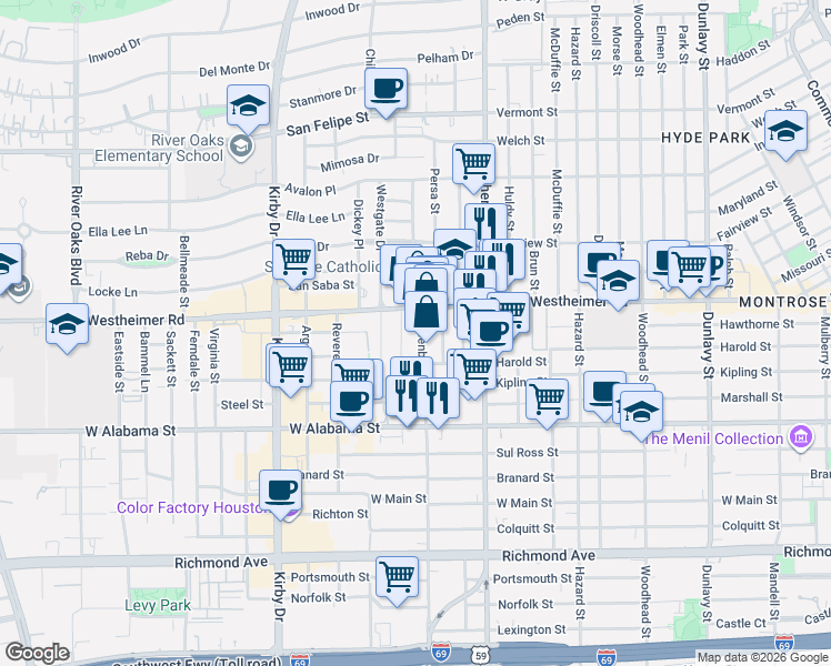 map of restaurants, bars, coffee shops, grocery stores, and more near 2614 Greenbriar Drive in Houston
