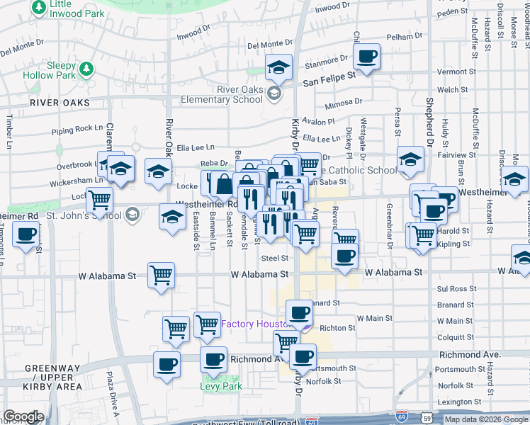 map of restaurants, bars, coffee shops, grocery stores, and more near 2719 Westheimer Road in Houston
