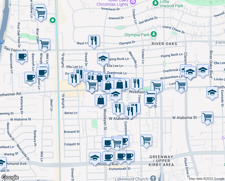 map of restaurants, bars, coffee shops, grocery stores, and more near 2511 Willowick Road in Houston