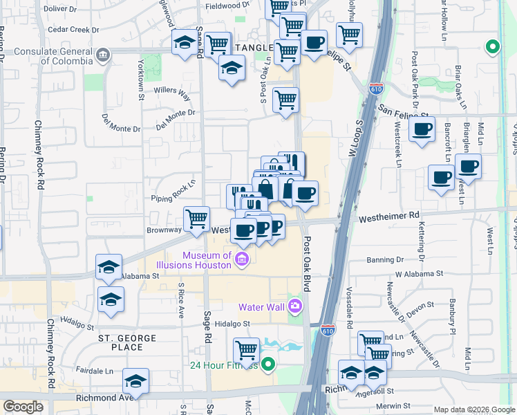 map of restaurants, bars, coffee shops, grocery stores, and more near 2503 McCue Road in Houston