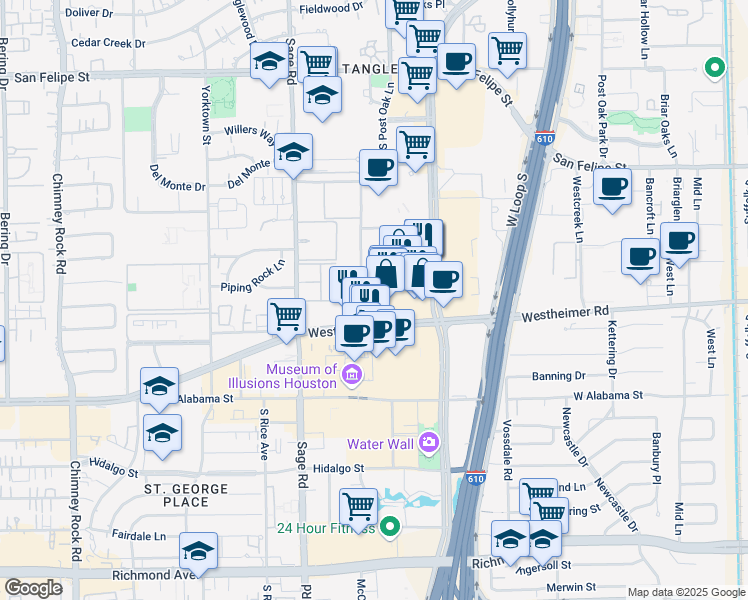 map of restaurants, bars, coffee shops, grocery stores, and more near 2503 McCue Road in Houston
