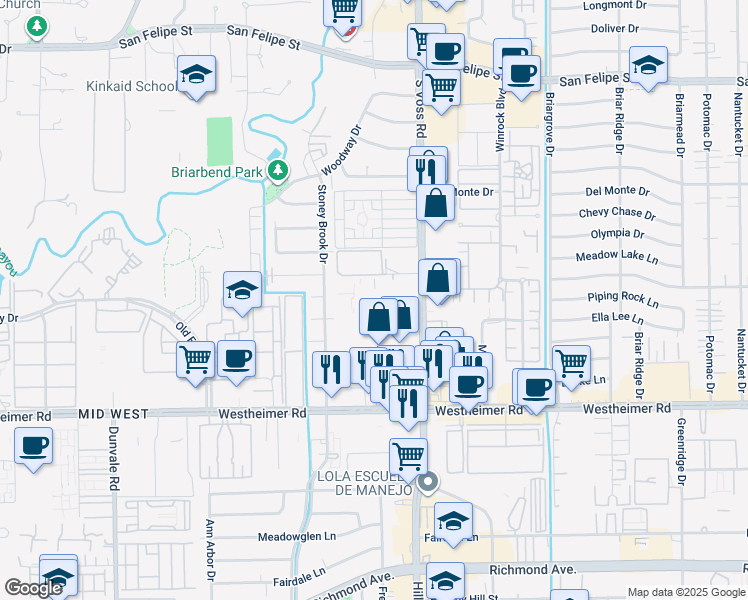 map of restaurants, bars, coffee shops, grocery stores, and more near 2424 South Voss Road in Houston