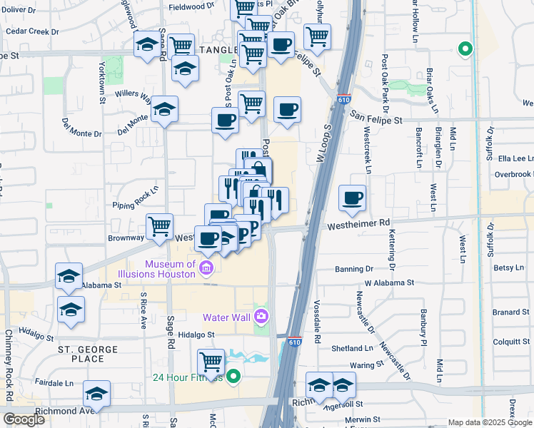 map of restaurants, bars, coffee shops, grocery stores, and more near 2335 Post Oak Blvd in Houston