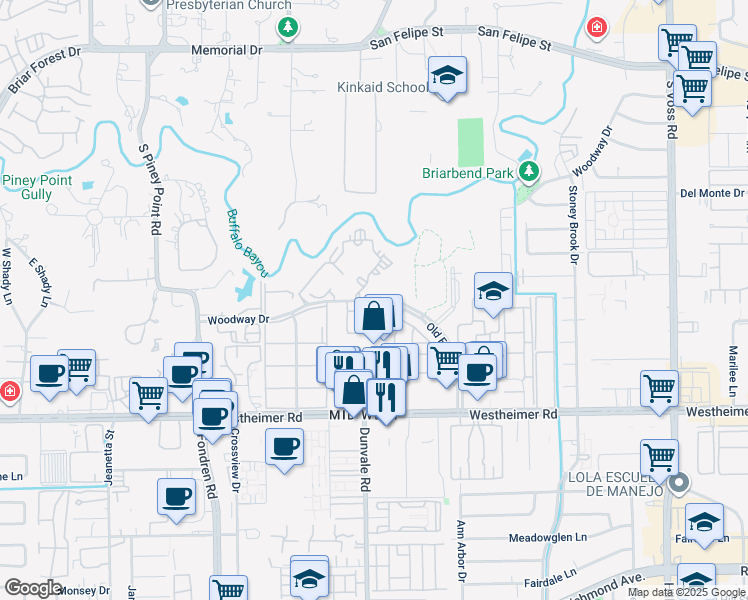 map of restaurants, bars, coffee shops, grocery stores, and more near 8100 Woodway Drive in Houston