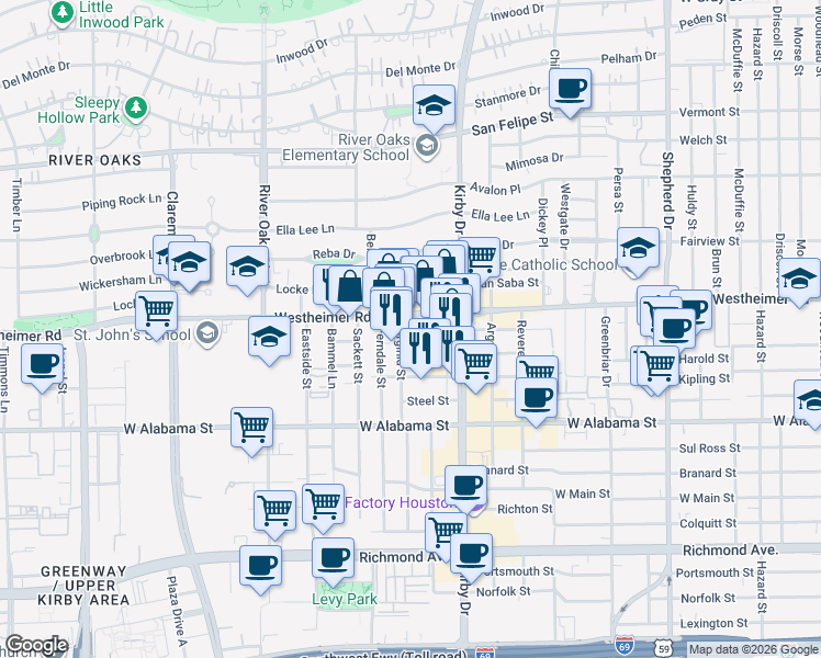 map of restaurants, bars, coffee shops, grocery stores, and more near 2719 Westheimer Road in Houston