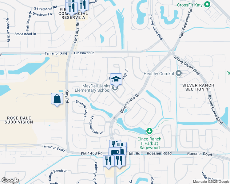 map of restaurants, bars, coffee shops, grocery stores, and more near 27602 Westridge Creek Lane in Katy