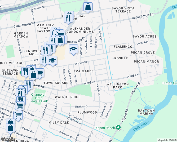 map of restaurants, bars, coffee shops, grocery stores, and more near in Baytown