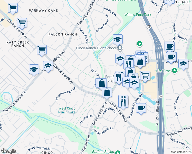 map of restaurants, bars, coffee shops, grocery stores, and more near 2907 Lara Brook Court in Katy