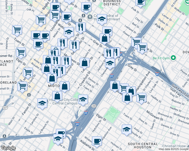 map of restaurants, bars, coffee shops, grocery stores, and more near in Houston