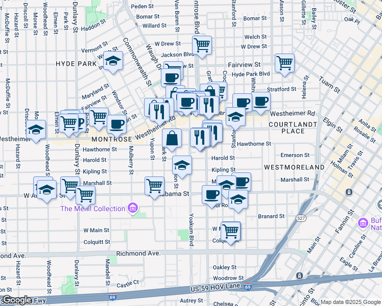 map of restaurants, bars, coffee shops, grocery stores, and more near 3411 Yoakum Boulevard in Houston
