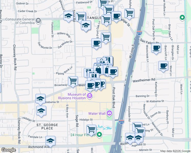 map of restaurants, bars, coffee shops, grocery stores, and more near 2503 McCue Road in Houston