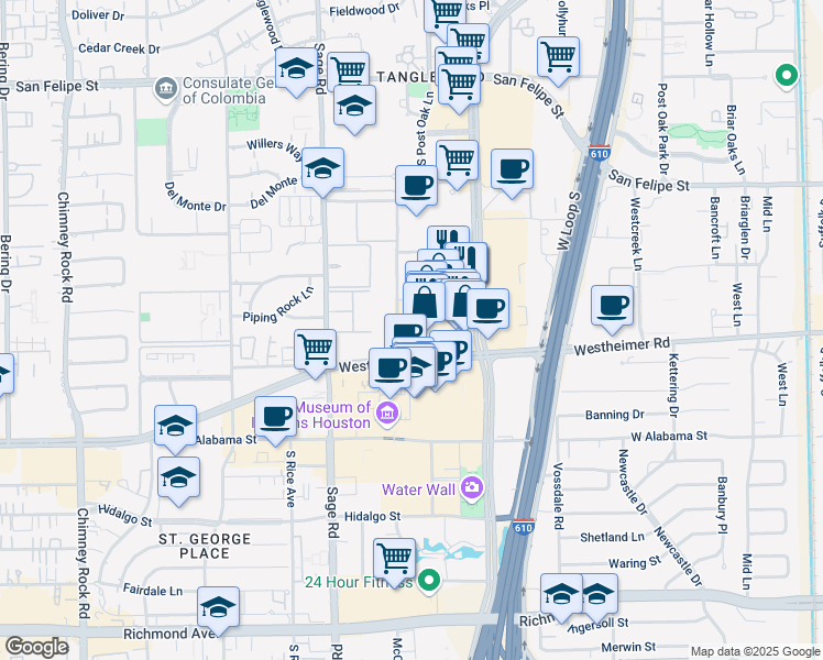 map of restaurants, bars, coffee shops, grocery stores, and more near 2503 McCue Road in Houston