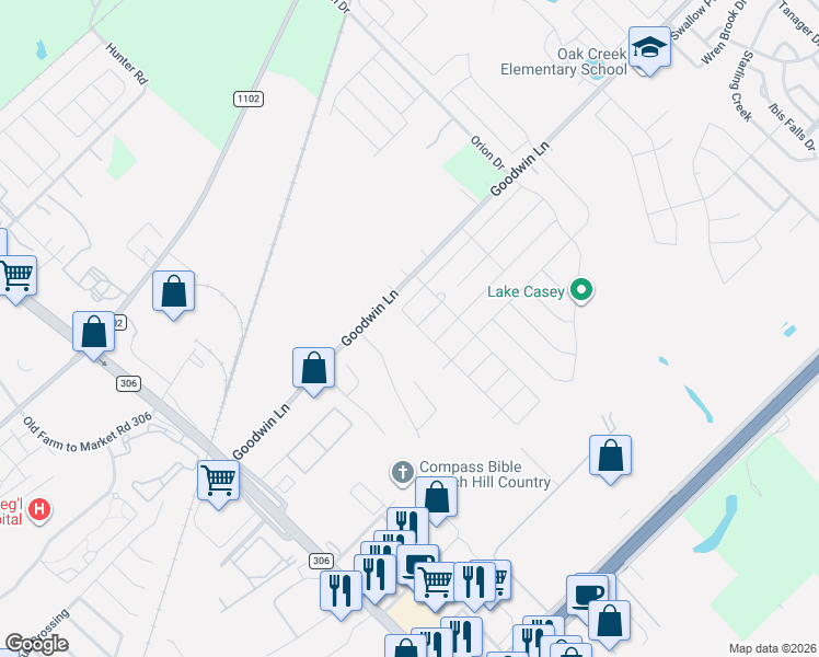 map of restaurants, bars, coffee shops, grocery stores, and more near 2710 Brogan Creek in New Braunfels