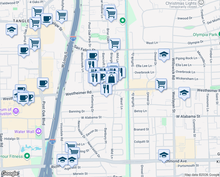 map of restaurants, bars, coffee shops, grocery stores, and more near 4326 Westheimer Road in Houston