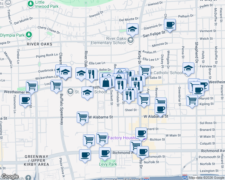 map of restaurants, bars, coffee shops, grocery stores, and more near 3113 Westheimer Road in Houston