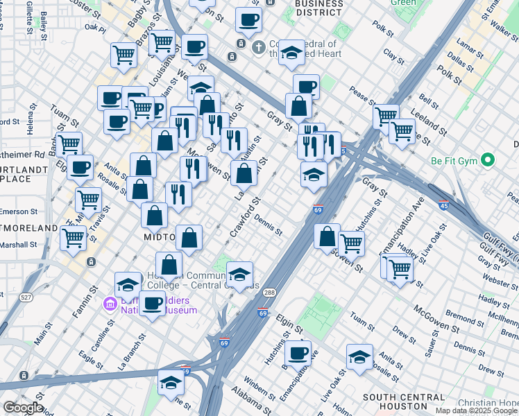 map of restaurants, bars, coffee shops, grocery stores, and more near in Houston