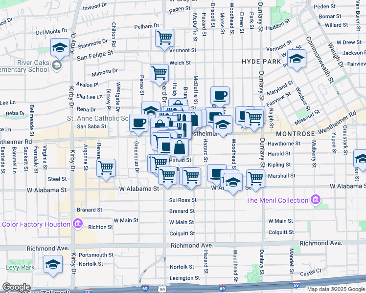 map of restaurants, bars, coffee shops, grocery stores, and more near 2055 Westheimer Road in Houston
