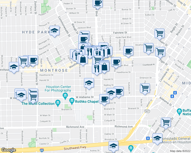 map of restaurants, bars, coffee shops, grocery stores, and more near 3407 Yoakum Boulevard in Houston