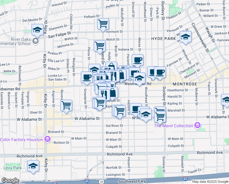 map of restaurants, bars, coffee shops, grocery stores, and more near 2055 Westheimer Road in Houston