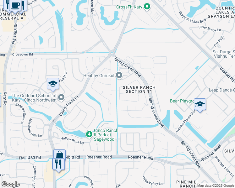map of restaurants, bars, coffee shops, grocery stores, and more near 2835 Winthrop Meadow Way in Katy
