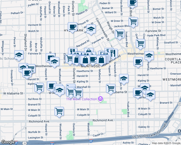map of restaurants, bars, coffee shops, grocery stores, and more near in Houston