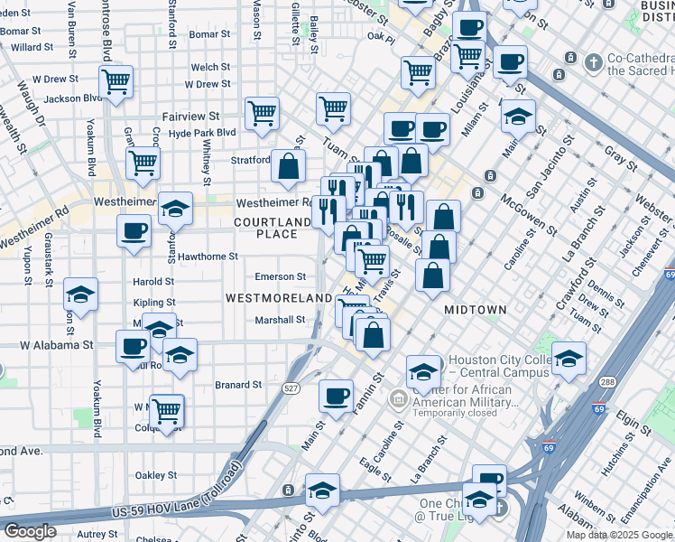 map of restaurants, bars, coffee shops, grocery stores, and more near 3410 Louisiana Street in Houston