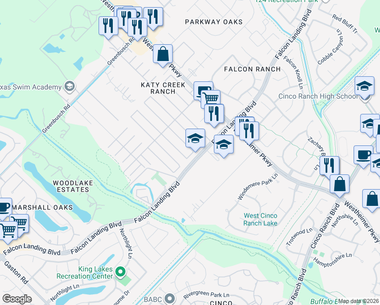 map of restaurants, bars, coffee shops, grocery stores, and more near 24907 Florina Ranch Drive in Katy