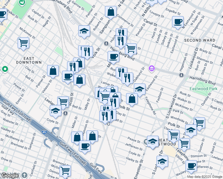 map of restaurants, bars, coffee shops, grocery stores, and more near 3911 Woodleigh Street in Houston