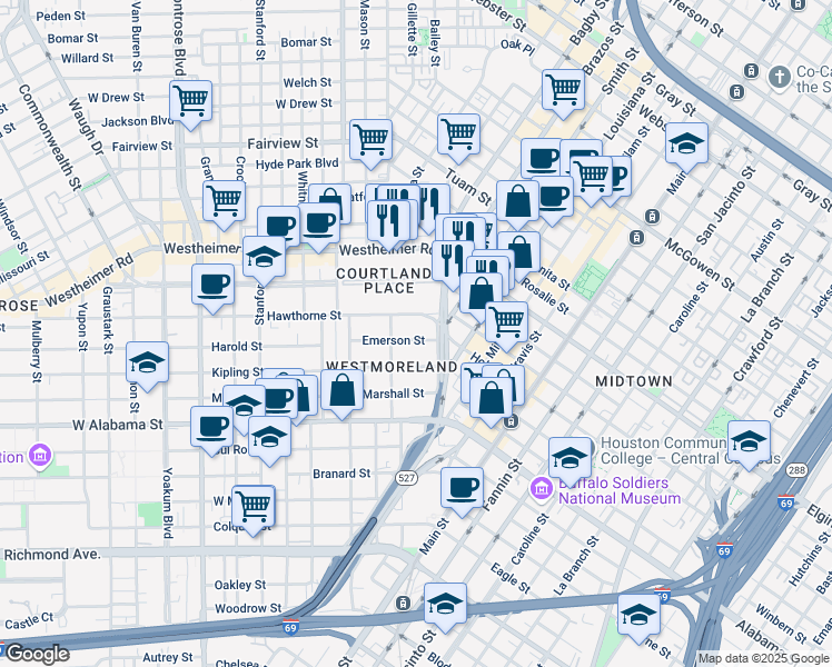 map of restaurants, bars, coffee shops, grocery stores, and more near 411 Emerson Street in Houston
