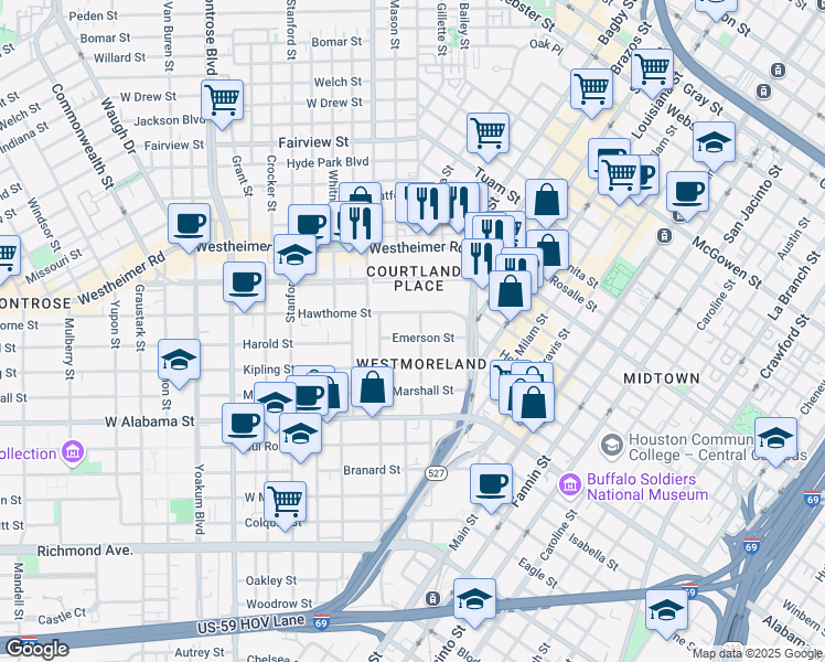 map of restaurants, bars, coffee shops, grocery stores, and more near 411 Emerson Street in Houston