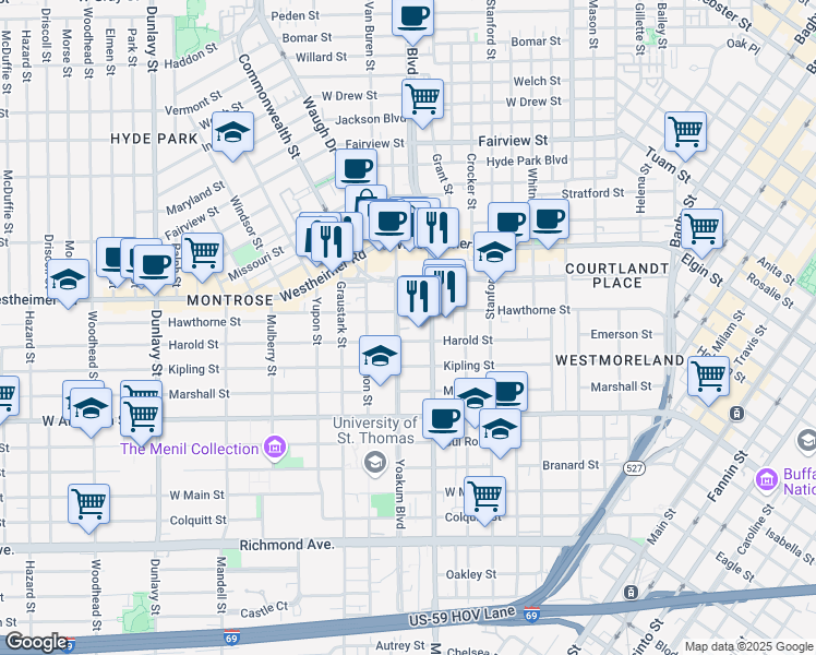 map of restaurants, bars, coffee shops, grocery stores, and more near 3407 Yoakum Boulevard in Houston