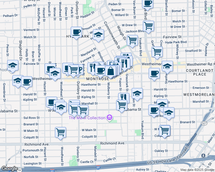 map of restaurants, bars, coffee shops, grocery stores, and more near 1427 Hawthorne Street in Houston