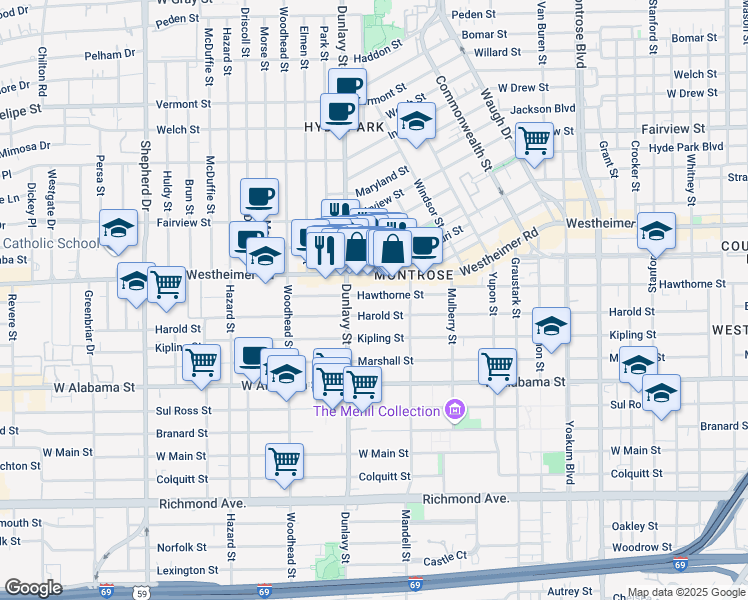 map of restaurants, bars, coffee shops, grocery stores, and more near 1652 Hawthorne Street in Houston