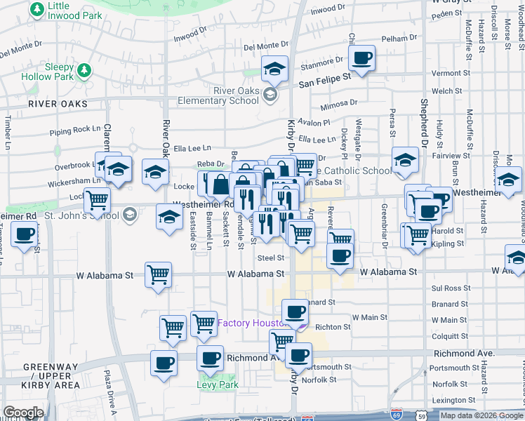 map of restaurants, bars, coffee shops, grocery stores, and more near 2719 Westheimer Road in Houston
