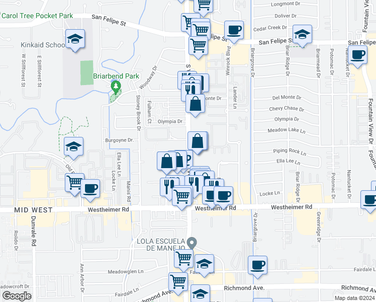 map of restaurants, bars, coffee shops, grocery stores, and more near in Houston