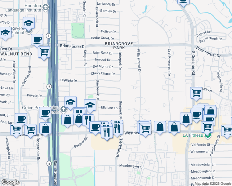 map of restaurants, bars, coffee shops, grocery stores, and more near 10003 Meadow Lake Lane in Houston