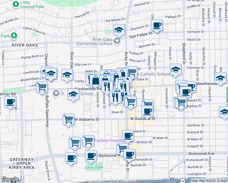 map of restaurants, bars, coffee shops, grocery stores, and more near 2719 Westheimer Road in Houston